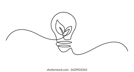 Plant inside Lightbulb in one continuous line drawing. Creative concept of green energy and environmentally friendly sources. Editable stroke. Vector illustration