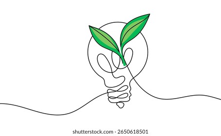 Plant inside lightbulb in one continuous line drawing. Eco concept of green energy, sustainability, and nature-friendly innovation. Minimalist linear vector illustration.