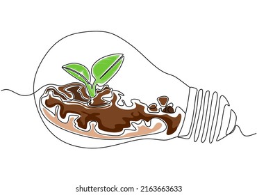 Planta dentro de Lightbulb en un plano de línea. Concepto creativo de energía verde y fuentes amigables con el medio ambiente. Trazo editable. Ilustración del vector