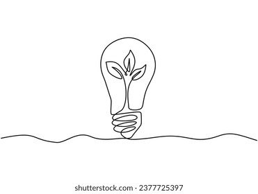 Plant inside Lightbulb in one line drawing. Creative concept of Green energy and environmental friendly sources. Editable stroke.