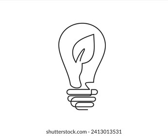 Plant inside Lightbulb in one line drawing. Creative concept of Green energy and environmental friendly sources. Editable stroke. Vector illustration
