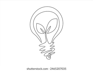 Plant inside Lightbulb in one line drawing. Creative concept of Green energy and environmental friendly sources. Editable stroke. Vector illustration
