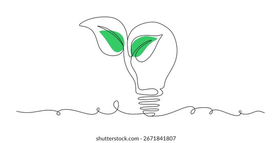 Plant inside Lightbulb in one line drawing. Creative concept of Green energy and environmental friendly sources. Hand drawn one line vector. Editable stroke