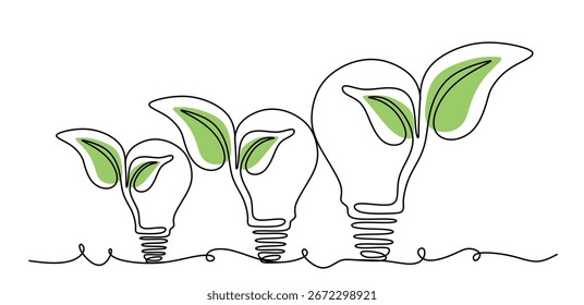 Plant inside Lightbulb in one line drawing. Creative concept of Green energy and environmental friendly sources. Hand drawn one line vector. Editable stroke