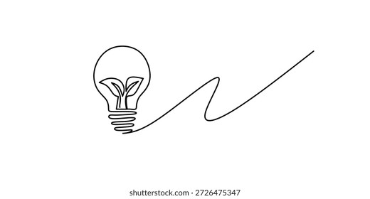 Planta dentro de Lightbulb en un dibujo de línea. Concepto creativo de energía verde y fuentes respetuosas con el medio ambiente. Trazo editable.