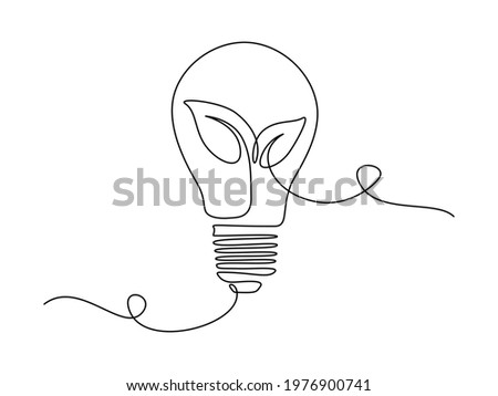 Plant inside Lightbulb in one line drawing. Creative concept of Green energy and environmental friendly sources. Editable stroke. Vector illustration