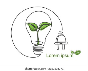 Plant inside Lightbulb with power plug in one line drawing. Concept of Eco energy and environmental friendly sources. Can used for logo, emblem, slide show and banner. Illustration with quote template