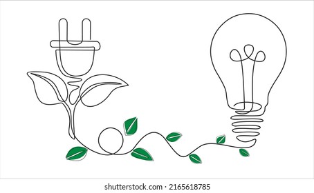 Planta dentro de Lightbulb con enchufe de alimentación en un plano de línea. Concepto de energía ecológica y de fuentes respetuosas con el medio ambiente. Se puede usar para logotipo, emblema, presentación de diapositivas y banner. 
