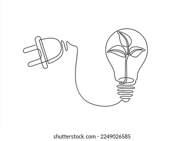 Planta dentro de Lightbulb con enchufe de alimentación en un plano de línea. Concepto de energía ecológica y de fuentes respetuosas con el medio ambiente. Se puede usar para logotipo, emblema, presentación de diapositivas y banner. Ilustración con plantilla de presupuesto