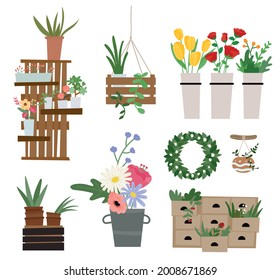 Plant interior props and plants in flower shop. flat design style minimal vector illustration.