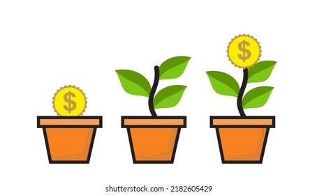 Plant investment and growth. Planting and growing money in pots. Money tree with coins growing. Financial Growth Concept. 