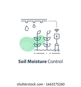 Plant irrigation system, soil moisture control, crop growth increase, smart automation, modern agriculture technology, agritech concept, harvest improvement, agricultural efficiency, vector line icon