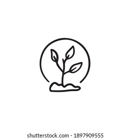 Plant isolated on white background. Eco friendly saving energy icon. Zero waste recycling. Sustainable alternative technology. Leaves and organic growing. Outline hand drawn illustration. 