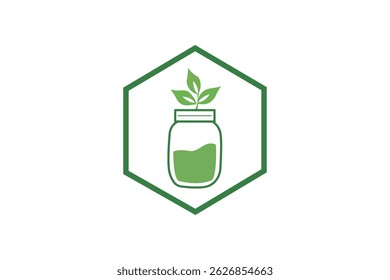 plant in jar green sprout in jar logo, natural growth icon, organic plant symbol in hexagon design 