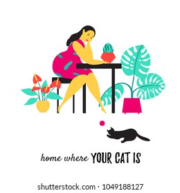 Plant lady and cat lover character. Urban jungle scene. Cute young woman among house plants with a playing cat silhouette. Quote: Home is where your cat is. Colorful flat illustration.