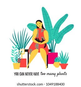 Plant lady and cat lover character. Urban jungle scene. Cute young woman among house plants with a playing cat silhouette. Quote: You can never have too many plants. Colorful flat illustration.