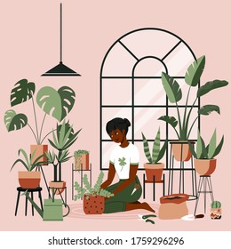 Plant lady green house. Set of cute plants in pots, cacti, tropical leaves, monstera. Urban jungle banner, greeting card print. Home interior decor elements. Houseplants growing, Young woman gardening