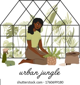 Plant lady green house. Set of cute plants in pots, cacti, tropical leaves. Urban jungle banner, card print. Home interior decor elements. Houseplants growing, Young woman with gardening tools