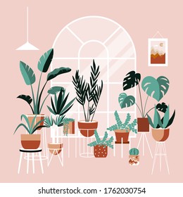 Plant lady green house. Set of cute plants in pots, planters, cacti, tropical leaves. Urban jungle banner, greeting card print. House interior decor elements. Houseplants growing, Home gardening