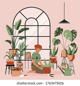 Plant lady green house. Set of cute plants in pots, cacti, tropical leaves, monstera. Urban jungle banner, greeting card print. Home interior decor elements. Houseplants growing, Young woman gardening