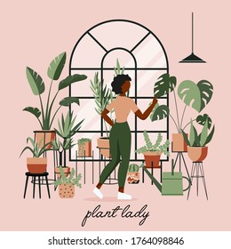 Plant lady green house. Set of cute plants in pots, planters, cacti, tropical leaves. Urban jungle banner, greeting card print. Home interior decor elements. Houseplants growing, Young woman gardening