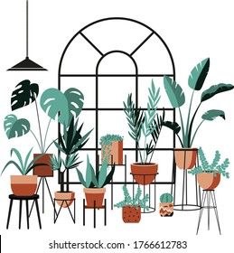 Plant lady green house. Set of cute plants in pots, planters, cacti, tropical leaves. Urban jungle banner, greeting card print. House interior decor elements. Houseplants growing, Home gardening