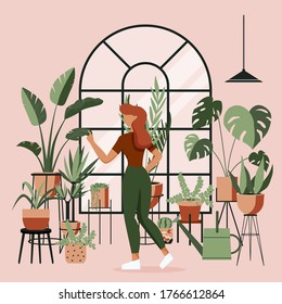 Plant lady green house. Set of cute plants in pots, planters, cacti, tropical leaves. Urban jungle banner, greeting card print. Home interior decor elements. Houseplants growing, Young woman gardening