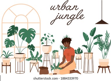 Casa verde de la señora de la planta. Plantas preciosas en ollas, cactus, hojas tropicales, monstera. Banner de selva urbana, papel de tarjeta de felicitación. Decoración interior casera. Hogares en crecimiento, Jardinería de mujeres jóvenes