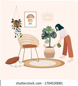 Ilustración de la Planta Lady. La decoración interior de moda de Stay Home está en casa. Plantas, Mujer, cojines, dibujo de sillas. 