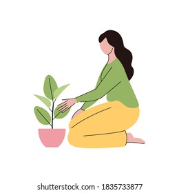 Plant lady with room plant. Urban jungle. Female character. Vector illustration, flat simple design