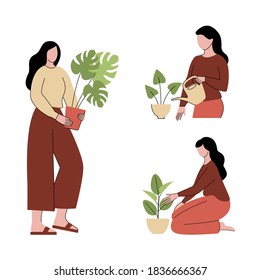 Plant lady with room plant. Urban jungle. Female character. Vector illustration, flat simple design