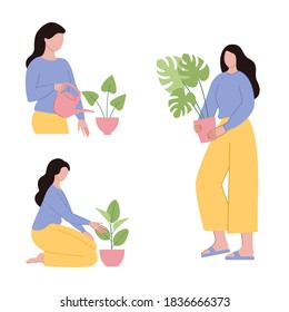 Plant lady with room plant. Urban jungle. Female character. Vector illustration, flat simple design