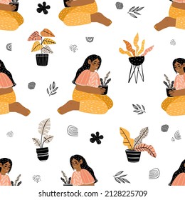 Plant lady. Seamless pattern with woman and flower pots. Cartoon vector  in scandinavian style.  Simple modern style. Delicate cute texture. All elements are hidden under mask