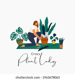 Plant lady. Set of cute plants. Urban jungle illustration, greeting card print. Houseplants growing, Young woman gardening. Home decoration. 