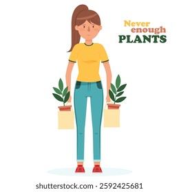 Plant lady with shopping bags of greenery. Perfect for plant enthusiasts and gardening content