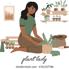 Plant lady watering houseplants, greenery, basil, onion, parsley. Set of cute plants in pots, kitchen garden. Urban jungle banner, greeting card print.  Houseplants growing,Young woman gardening hobby