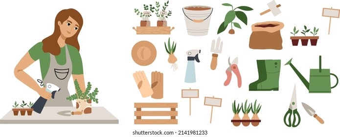 Plant lady watering houseplants, greenery. Set of cute plants in pots, kitchen garden. Urban jungle banner, greeting card print. Houseplants growing, young woman gardening tools, hobby