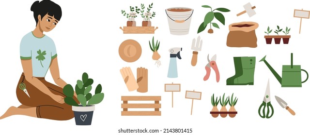 Plant lady watering houseplants, greenery. Set of cute plants in pots, kitchen garden. Urban jungle banner, greeting card print. Houseplants growing, young woman gardening tools, hobby