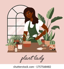 Plant lady watering houseplants. Set of cute plants in pots, cacti, tropical leaves. Urban jungle banner, greeting card print. Home interior decor elements. Houseplants growing, Young woman gardening