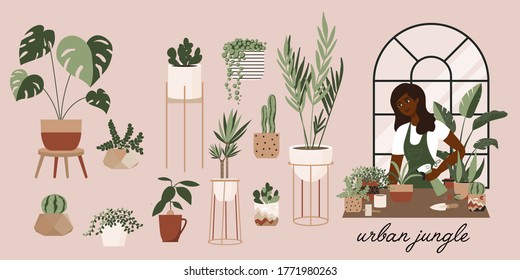 Plant lady watering houseplants. Set of cute plants in pots, cacti, tropical leaves. Urban jungle banner, greeting card print. Home interior decor elements. Houseplants growing, Young woman gardening