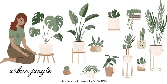 Plant lady watering houseplants. Set of cute plants in pots, cacti, tropical leaves. Urban jungle banner, greeting card print. Home interior decor elements. Houseplants growing, Young woman gardening