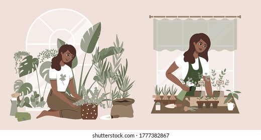 Plant lady watering houseplants. Set of cute plants in pots, cacti, tropical leaves. Urban jungle banner, greeting card print. Home interior decor elements. Houseplants growing, Young woman gardening