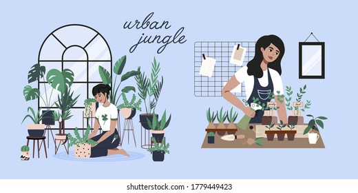 Las plantas de regar las plantas de la casa. Conjunto de lindas plantas en macetas, cactus, hojas tropicales. Banner de selva urbana, papel de tarjeta de felicitación. Decoración interior casera. Hogares en crecimiento, Jardinería de mujeres jóvenes