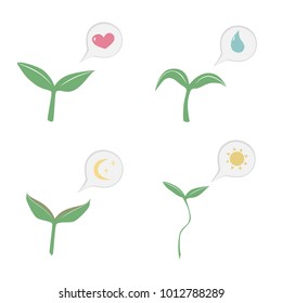 Plant language translator - A vector illustration of common seedling conditions indicating that sun, rest, or water is needed.  Transparent background in vector file.