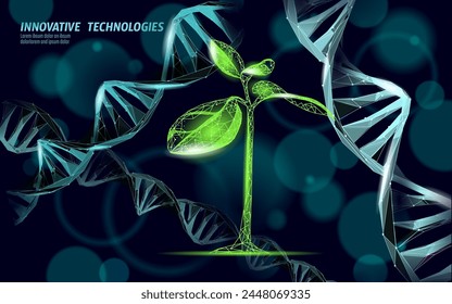 Plant leaf biotechnology abstract concept. 3D render seedling tree leaves DNA genome engineering vitamin supplement. Medical science life eco polygon triangles low poly vector illustration