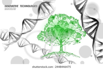  Plant leaf biotechnology abstract concept. 3D render seedling tree leaves DNA genome engineering vitamin supplement. Medical science life eco polygon triangles low poly vector illustration