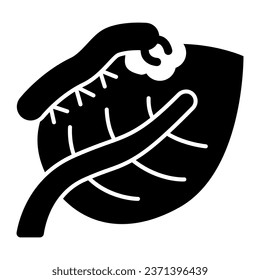 Plant leaf and Caterpillar solid icon, pest control concept, caterpillar insect sign on white background, garden butterfly grub icon in glyph style for mobile, web design. Vector graphics