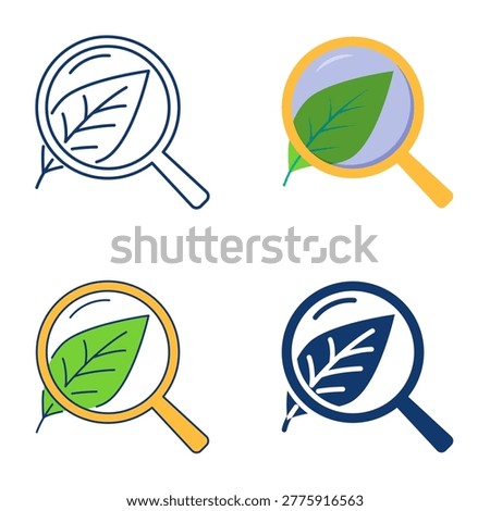 Plant leaf examining icon set. Exploring leaf under magnifying glass. Vector illustration