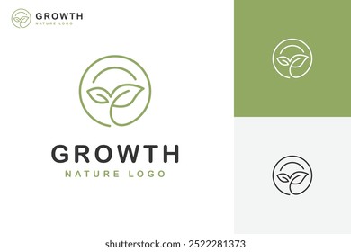 Estilo de línea de diseño de logotipo de crecimiento de plantas o hojas con elemento gráfico redondo circular para agricultura, granja, ecología, Plantilla de logotipo de tierra verde