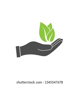 Plant Leaf In Hand Icon. Vector Illustration, Flat Design.